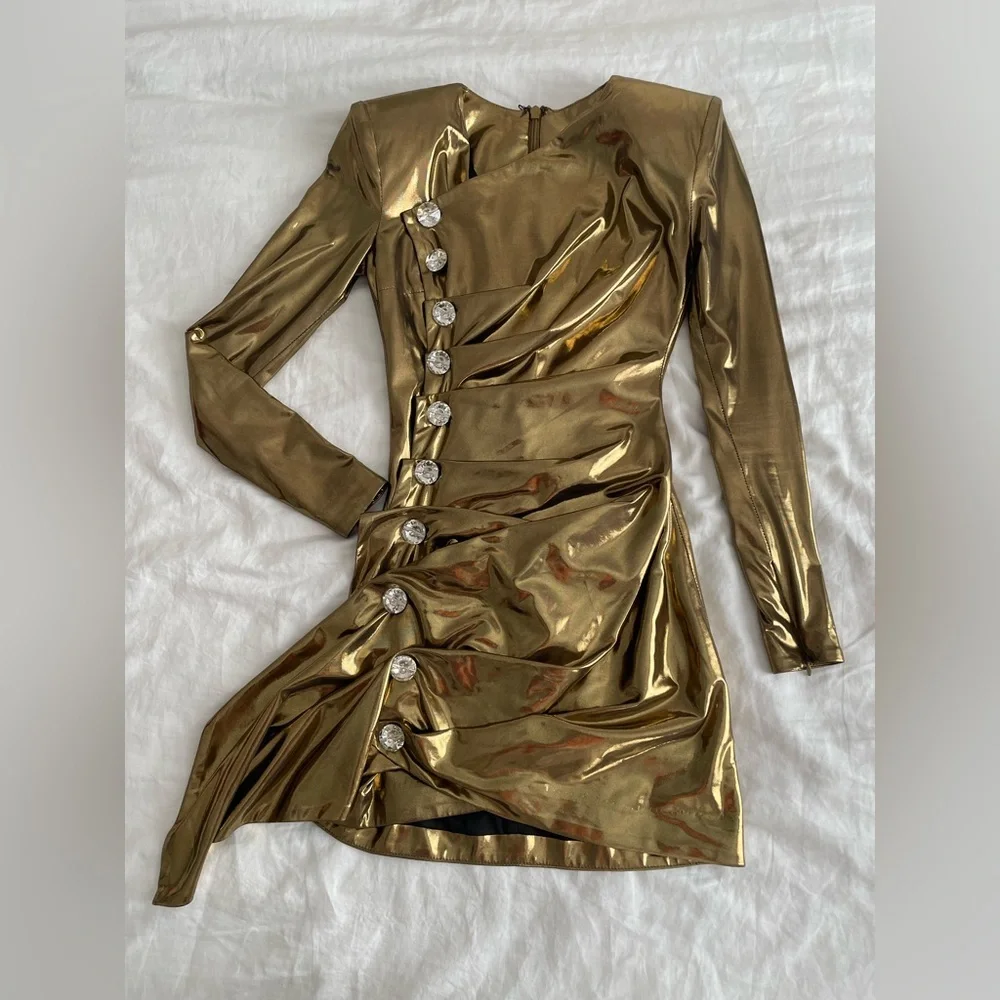 House of CB GABY Gold Metallic Lamé Draped Mini Dress | XS